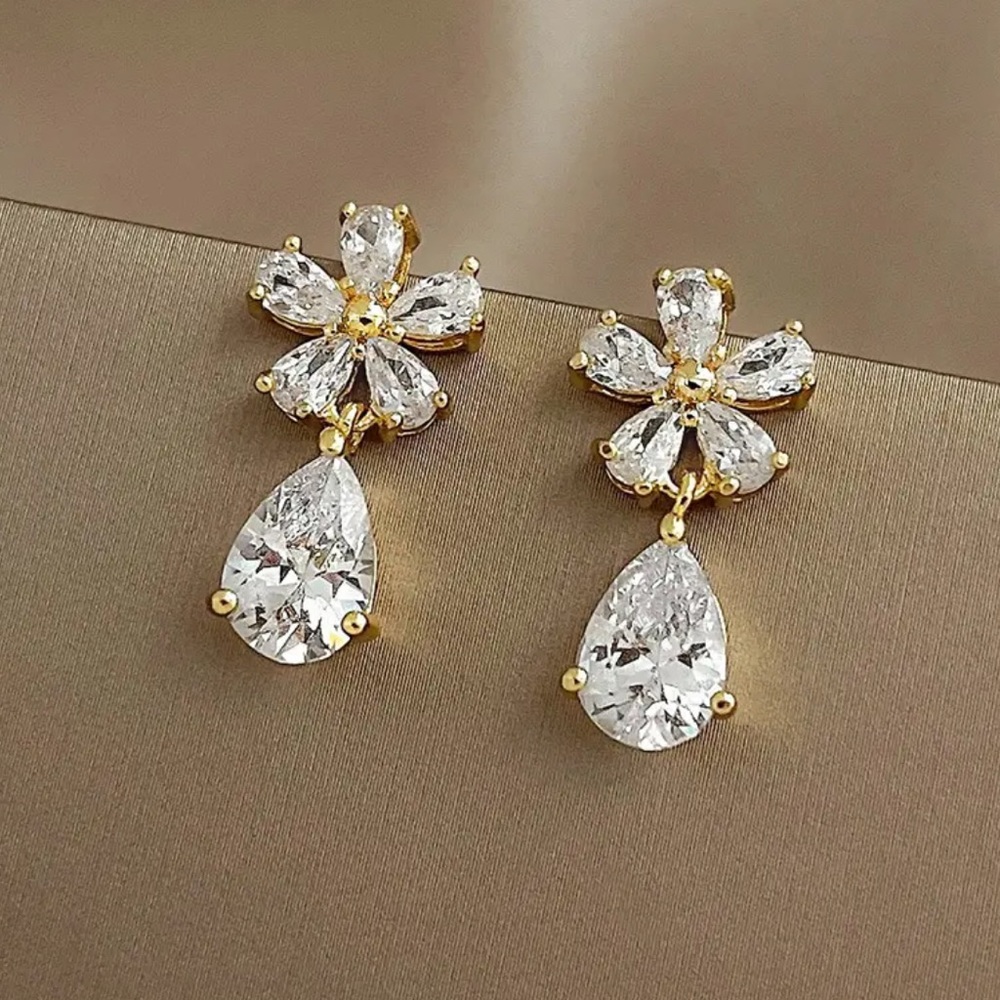 Gold Filled Floral Drop CZ Earrings
